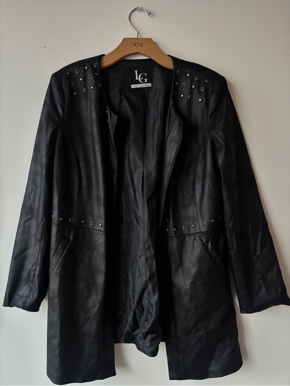 LG Black Faux Leather Longline Jacket with Stud Accents